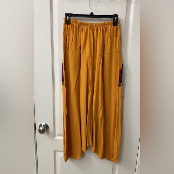 Mustard Yellow with Pink Floral Hobo Embroidered Low Harem Baggy Pants - Picture 16 of 16